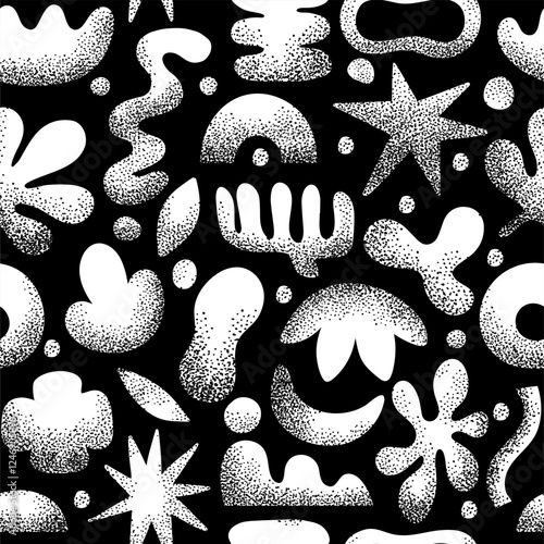Doodle shapes seamless pattern. Naive abstract shape on black background. Hand drawn noisy grain shape silhouette. Nature objects and elements texture. Vector print