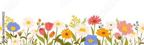 Flower border. Seamless cartoon floral spring flowers. Garden blooming, stem, leaves, plants. Wildflower meadow blossoms. Springtime floral frame. Botanic vector background