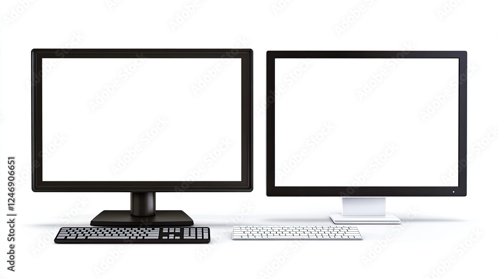 Fototapeta premium Desktop computer and flat-screen television setup, both screens completely white, isolated against a white background