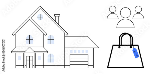 House with windows and garage, adjacent to a shopping bag with price tag and icons of three people. Ideal for real estate, online shopping, teamwork, collaboration, family living, consumerism