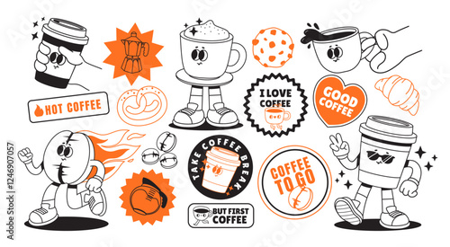Coffee stickers. Groovy drink character. Funky patches with bean, coffee cup to go, cappuccino, espresso, text phrases for coffee shop. Comic cafe menu label. Vector set