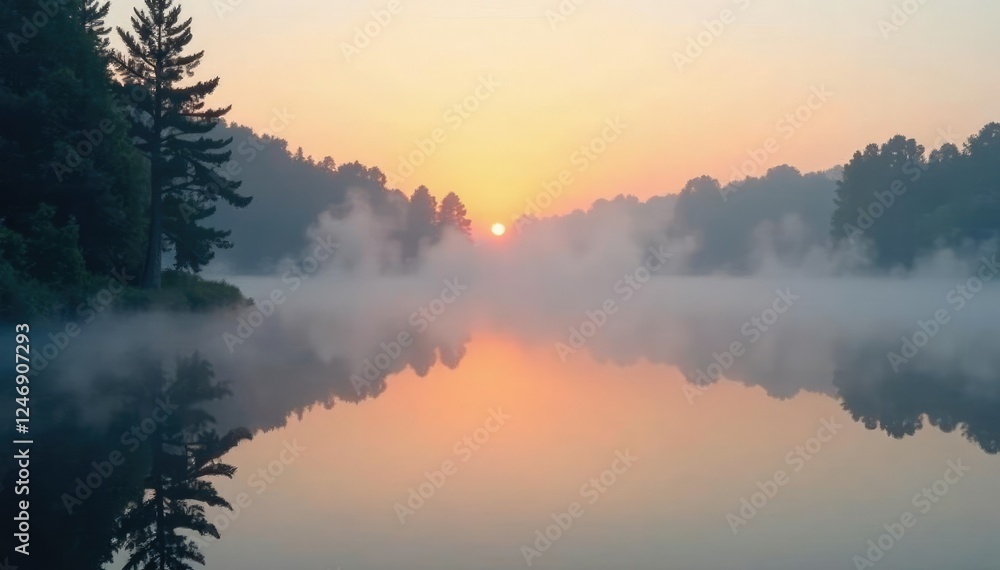 Fototapeta premium A swirl of fog dances across the surface of a still pond at dawn, fog, misty, serenity