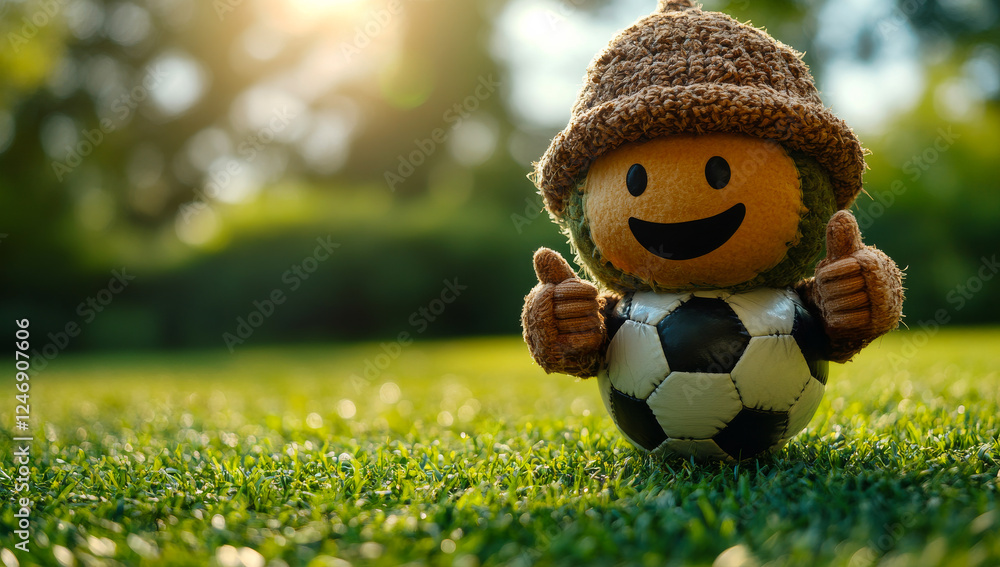 Joyful player loves outdoor soccer. A joyful character in a hat gives thumbs up while standing on grass next to a soccer ball in a sunny setting. Joyful player loves outdoor soccer. A joyful character in a hat gives thumbs up while standing on grass next to a soccer ball in a sunny setting.