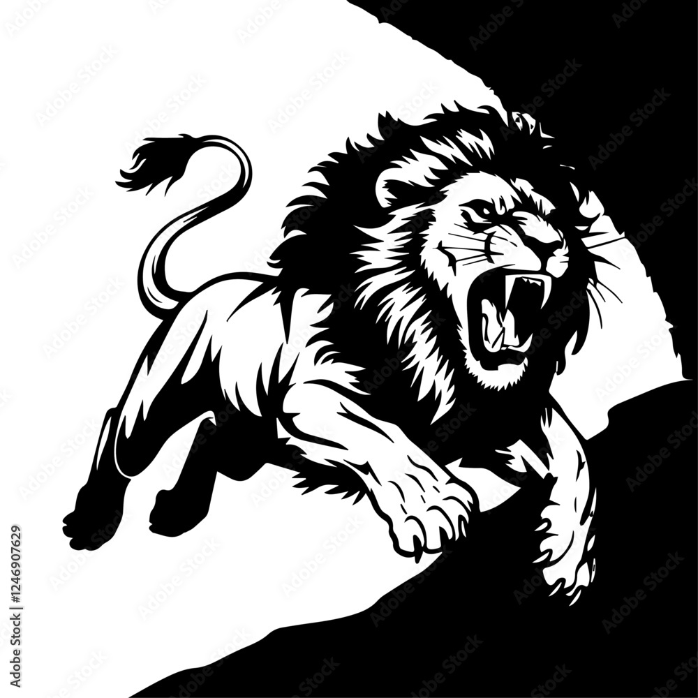 Fototapeta premium A bold black and white vector illustration of a roaring lion in mid-leap, showcasing its fierce expression, muscular body, and sharp claws.