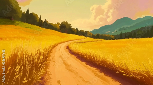 Winding Dirt Road Through Endless Golden Fields at Sunset in a Rural Landscape