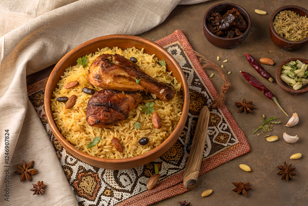 Delicious Chicken Biryani with Spices and Nuts in Traditional Dish Delicious Chicken Biryani with Spices and Nuts in Traditional Dish