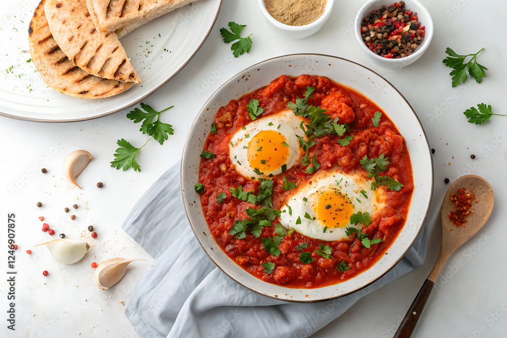 Delicious Shakshuka with Eggs and Fresh Herbs on a White Table Delicious Shakshuka with Eggs and Fresh Herbs on a White Table