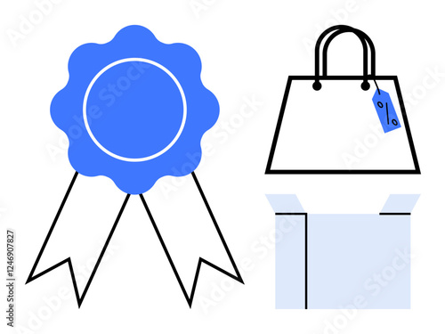 Blue award ribbon, shopping bag with a blue tag, and open box. Ideal for themes of quality assurance, retail shopping, gifting, e-commerce, packaging recognition rewards. Simple abstract line flat