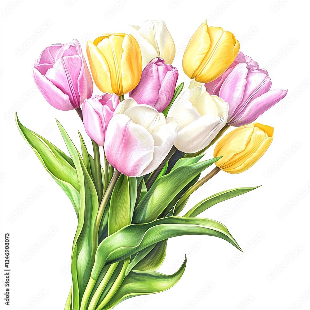 Fototapeta premium A vibrant bouquet of tulips in various colors, including pink, white, and yellow, showcasing delicate petals and lush green leaves against a white isolated background.