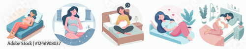 pregnant woman sleeping vector set