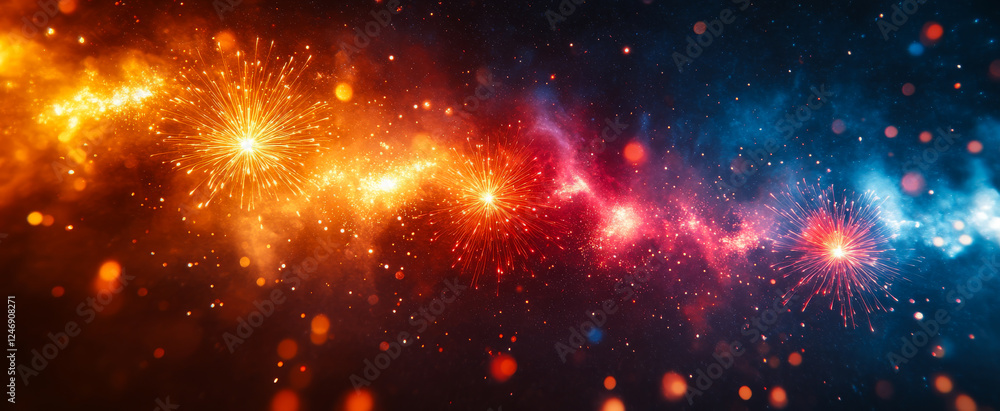 Naklejka premium Colorful fireworks display at night sky. Bright fireworks illuminate the night sky with vibrant colors in a festive atmosphere during a celebration event.