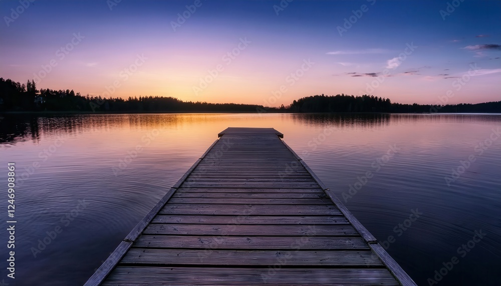 Serene sunset reflecting on calm waters from a wooden dock in summer Serene sunset reflecting on calm waters from a wooden dock in summer