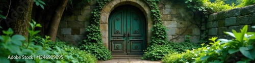 Ancient doors covered in vines and moss slowly creak open  slowly  moss