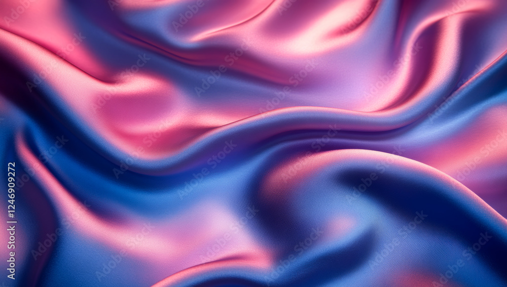 Vibrant, flowing silk fabric. Silky fabric shimmers in shades of pink and blue, creating a smooth and luxurious texture under soft light. Vibrant, flowing silk fabric. Silky fabric shimmers in shades of pink and blue, creating a smooth and luxurious texture under soft light.