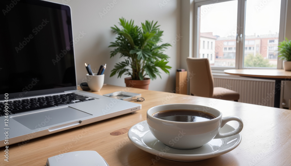 Cozy workspace with a steaming cup of coffee and a laptop bathed in natural light by the window Cozy workspace with a steaming cup of coffee and a laptop bathed in natural light by the window