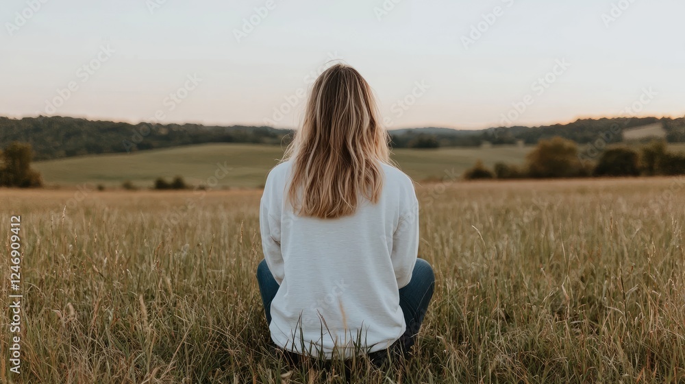 Woman meditating in field, sunset view, peaceful landscape, wellbeing Woman meditating in field, sunset view, peaceful landscape, wellbeing