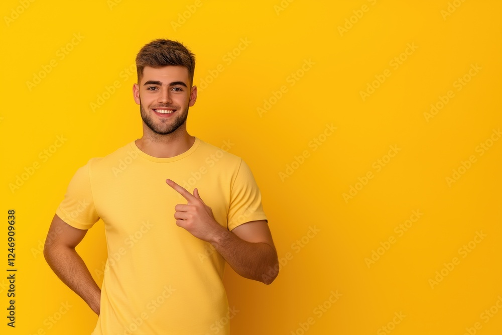 A man in a yellow shirt points to the right. The image has a happy and positive mood A man in a yellow shirt points to the right. The image has a happy and positive mood