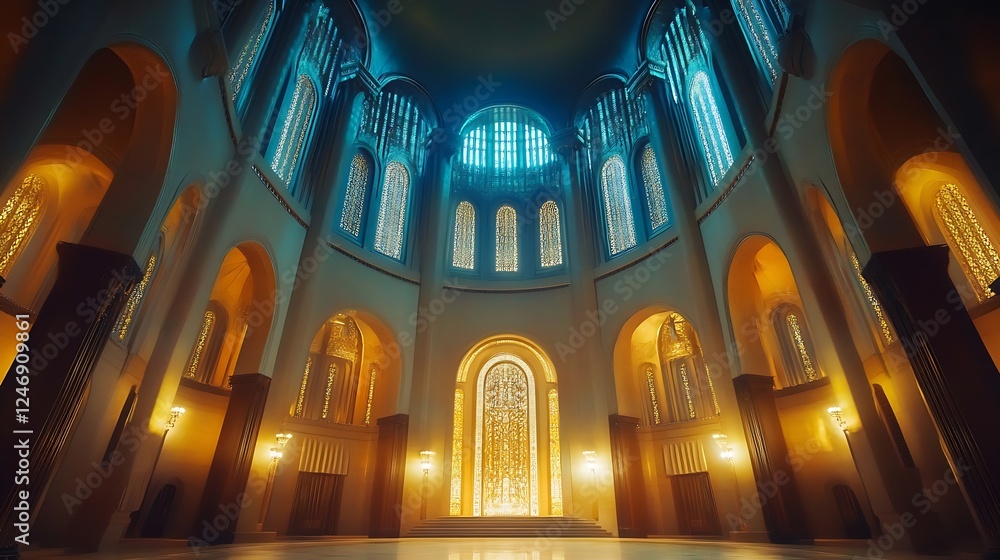 Obraz premium Historic Architectural Interior with Majestic Pillars and Stained Glass Windows : Generative AI