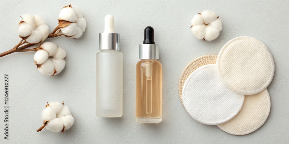 Natural skincare products with cotton flowers and reusable pads for eco-friendly beauty routine Natural skincare products with cotton flowers and reusable pads for eco-friendly beauty routine