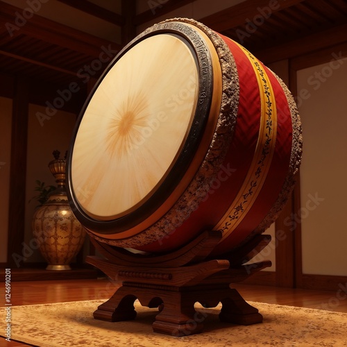 Traditional Japanese Taiko Drum with Ornate Red and Gold Detailing in Cultural Setting