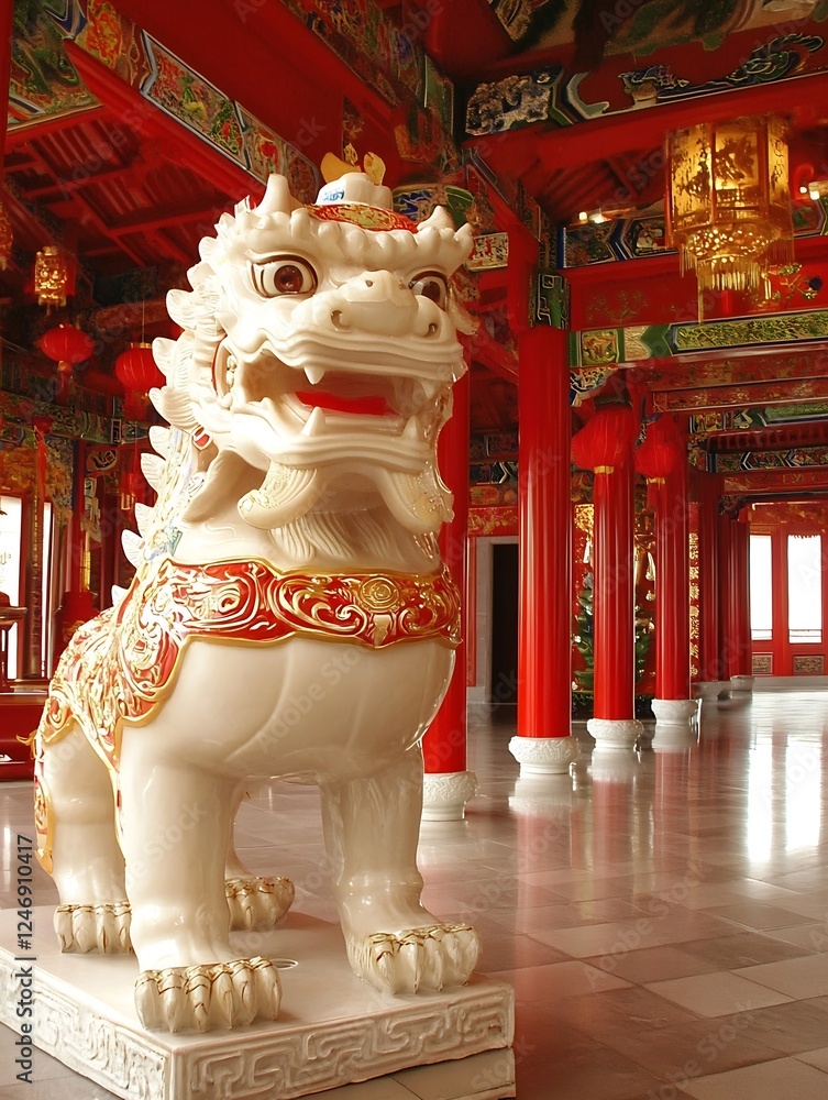 Fototapeta premium Ancient Chinese Stone Guardian Lion Statue in Traditional Temple Setting : Generative AI