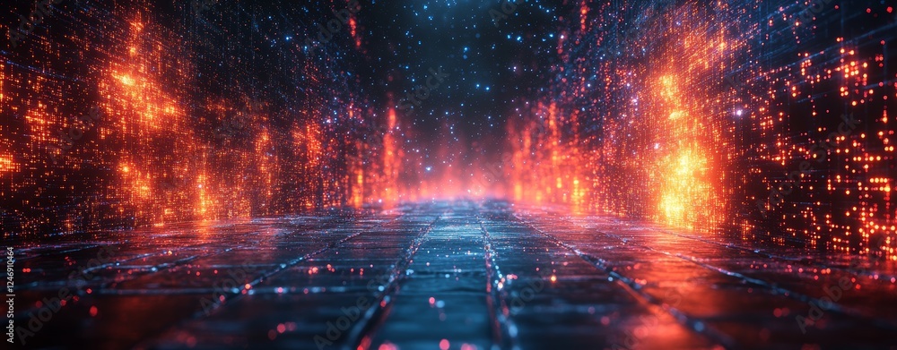 Obraz premium Futuristic Digital Cityscape Glowing Neon Pathways and Data Streams