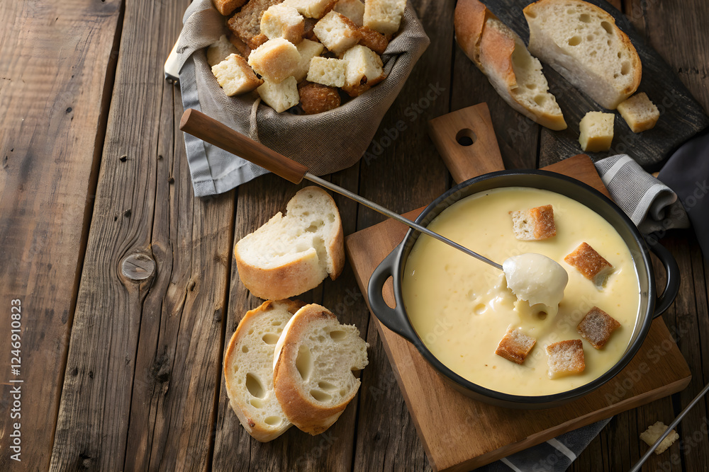 Fototapeta premium Creamy Cheese Fondue Served with Bread and Croutons on Wooden Table