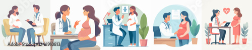 pregnant woman vector set talking to doctor