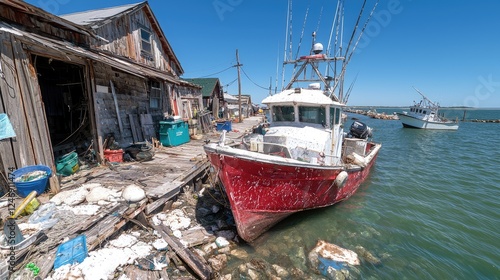 Fishing boat docked, waterfront shacks, sunny day, coastal trash
