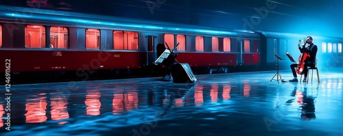 Musician performing in a vibrant train station. photo