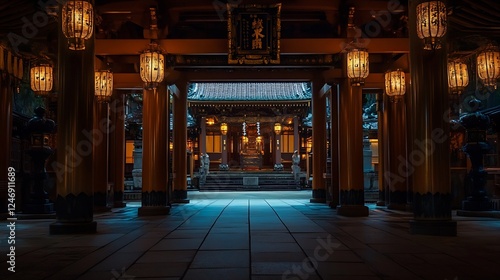Wallpaper Mural Dimly Lit Traditional Japanese Temple with Hanging Lanterns : Generative AI Torontodigital.ca