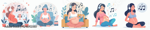 set vector pregnant woman listening to music
