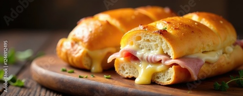 Toasted baguette with melted cheese and ham inside, cuisine, melt
