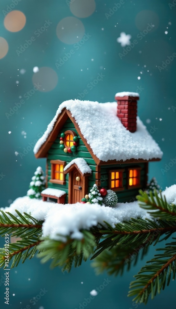 Fototapeta premium Tiny snow-covered cottage on a Christmas tree branch, mini, winter