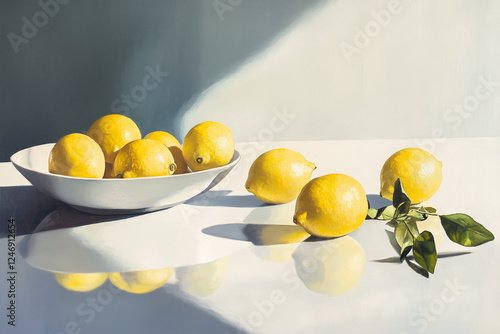 Fresh Yellow Lemons Arranged on a White Surface with Sunlight and Soft Shadows