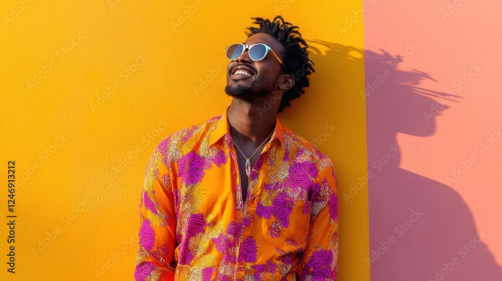 Young black smile man in orange shirt stand outdoor of yellow wall background in sunny day. Portrait of confident african american male with beard and sun eyeglasses looks happy Young black smile man in orange shirt stand outdoor of yellow wall background in sunny day. Portrait of confident african american male with beard and sun eyeglasses looks happy