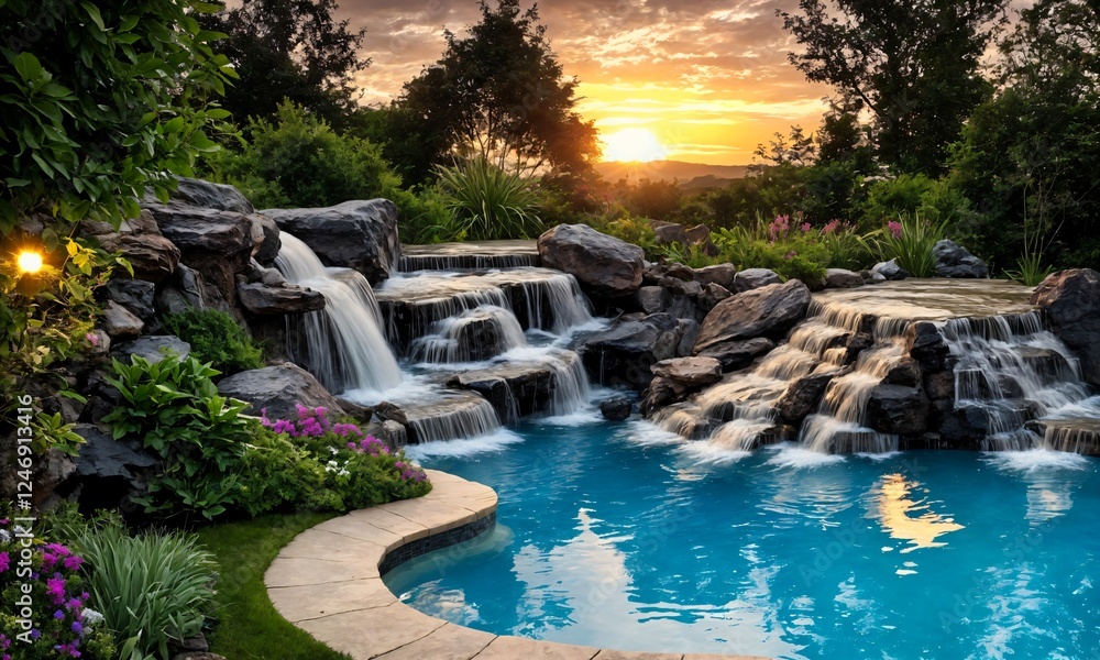 Naklejka premium Soothing Backyard Pool with Cascading Waterfall and Sunset Colors – Dreamy Landscape Design for Outdoor Relaxation and Enjoyment