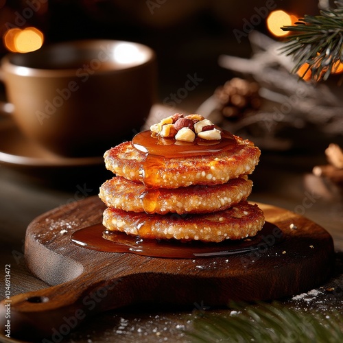 Cozy winter scene with sweet millet patties and warm beverage for comfort food lovers. photo