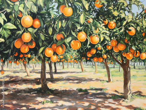 Sunlit Orange Orchard with Ripe Citrus Fruits Hanging from Lush Green Trees