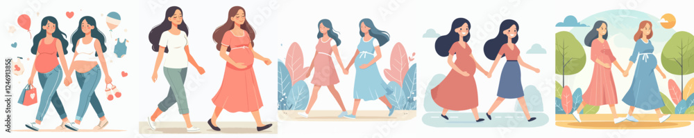 vector set of two pregnant women walking happily vector set of two pregnant women walking happily