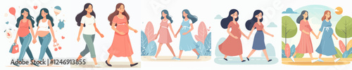 vector set of two pregnant women walking happily