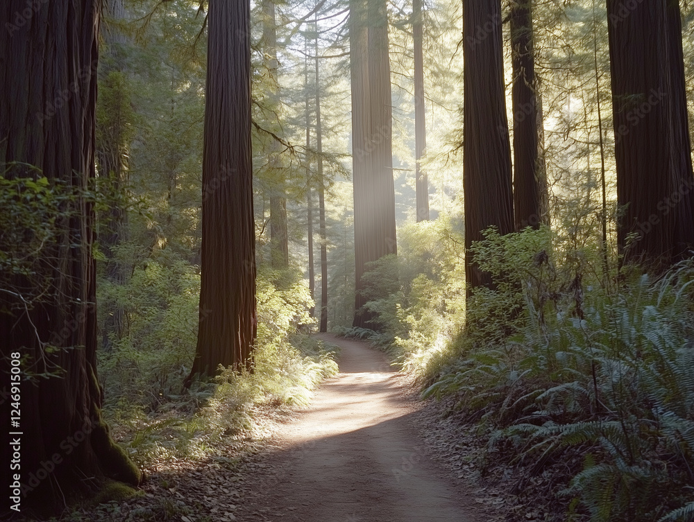 Fototapeta premium Serene Forest Path Winding Through Towering Redwood Trees with Sunlight Filtering Through
