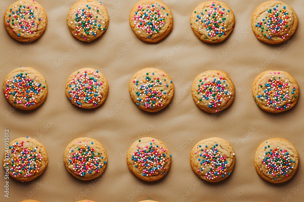 Freshly Baked Cookies With Vibrant Colorful Sprinkles, Arranged In Rows On Tan Baking Paper Freshly Baked Cookies With Vibrant Colorful Sprinkles, Arranged In Rows On Tan Baking Paper