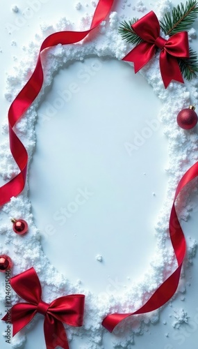 Snow-covered surface with red ribbon and ornaments, winter, ribbon