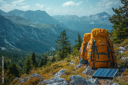 Scenic mountain view with hiking backpacks and solar charger during a sunny day in the wilderness photo