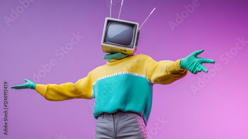 Creative display of a person in a retro sweater with a television for a head against a colorful backdrop
