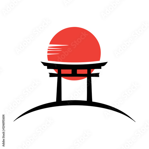 Japanese Torii Gate with Red Sun Vector Illustration.