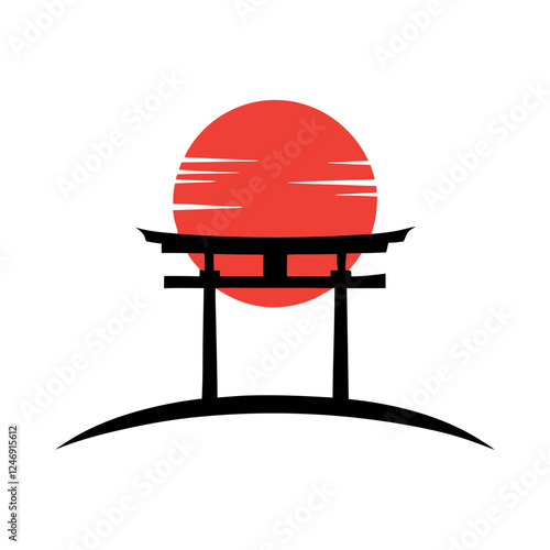 Japanese Torii Gate with Red Sun Vector Illustration.