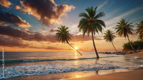 sunset on the beach and beautiful palm trees