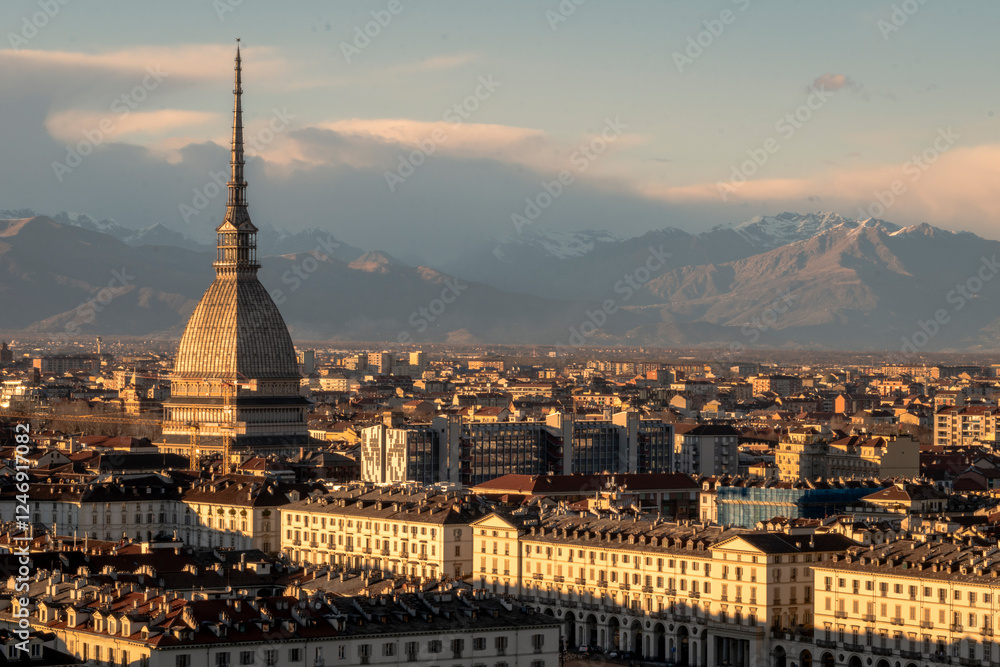 Naklejka premium Torino landscape with the iconic Mole Antonelliana and the Intesa Sanpaolo skyscraper.
